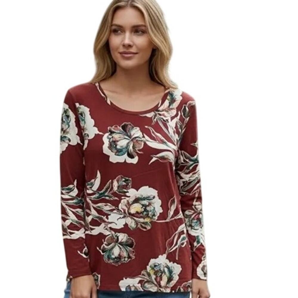 Chicos Floral Knit Top Size 2 (Womens Large) Russet Rust Long Sleeve Casual Tee